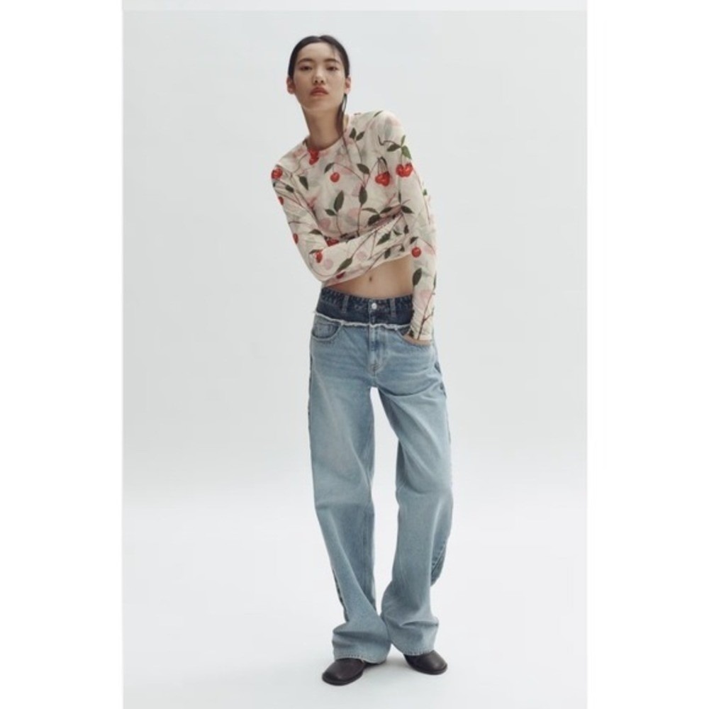 Stella McCartney x H&M Cherry Print Ruched Mesh Long Sleeve Top Cream Red | L - Picture 4 of 5